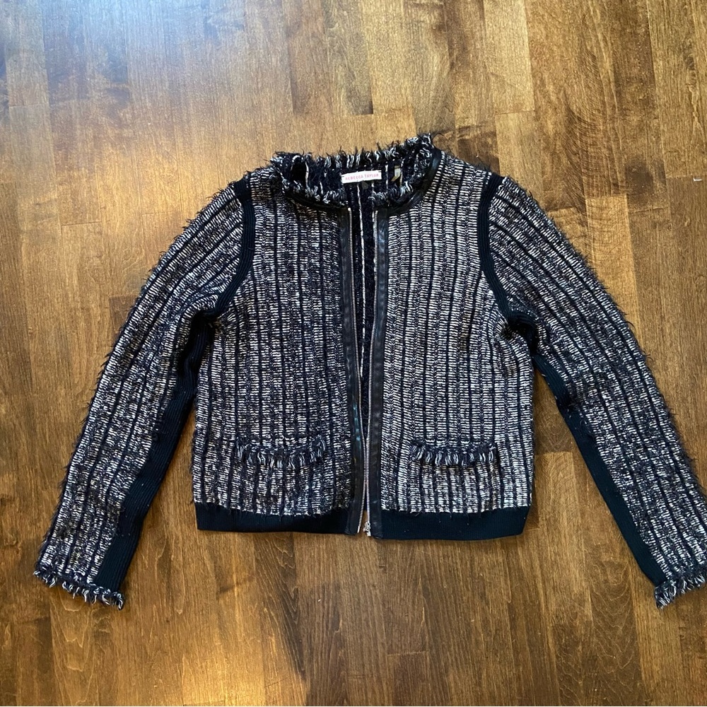 Rebecca Taylor Lambswool cashmere Leather Trimmed Tweed Jacket zip up size Large